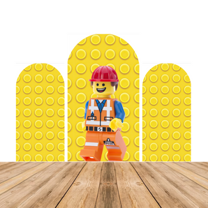 Mocsicka Yellow Lego Theme Happy Birthday Party Double-printed Arch Cover Backdrop