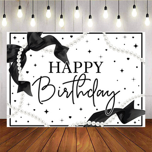 Mocsicka Black Bow and Pearl Necklace Happy Birthday Backdrop