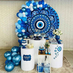 Mocsicka Blue Pattern Evil Eyes  Round Cover Backdrop for Party Decoration