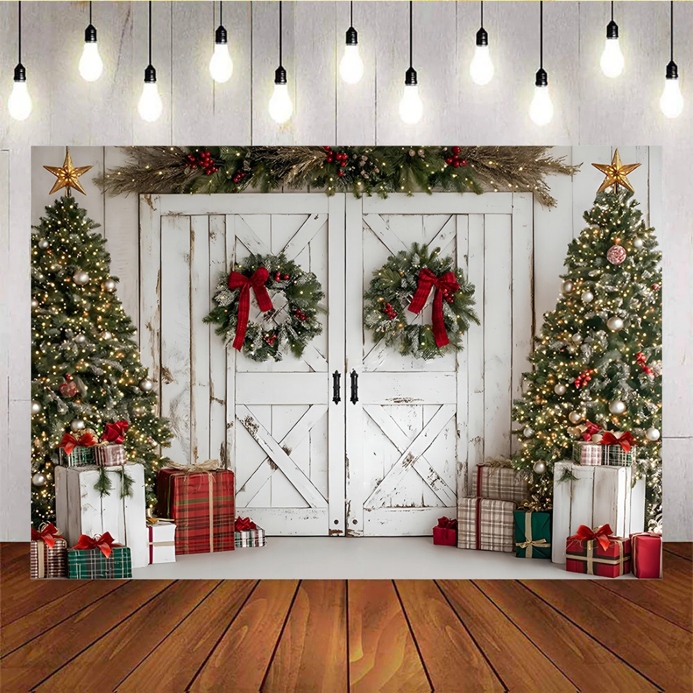 Mocsicka White Door Christmas Wreath Background – Mocsicka Party