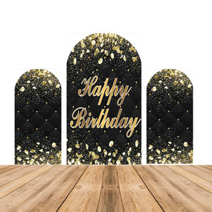 Mocsicka Noble Black Golden Happy Birthday Double-printed Chiara Arch Cover Backdrop