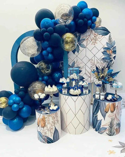 Mocsicka Blue Boho Floral Birthday Round cover and Cylinder Cover Kit for Party Decoration