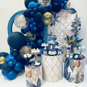 Mocsicka Blue Boho Floral Birthday Round cover and Cylinder Cover Kit for Party Decoration