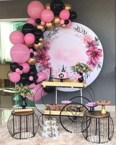 Mocsicka Pink Flowers Ring Happy Birthday Party Round Cover Backdrop