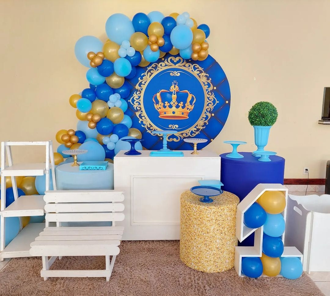 Mocsicka Dark Blue Royal Theme Happy Birthday Round cover and Cylinder Cover Kit for Party Decoration-Mocsicka Party