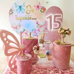 Mocsicka Butterfly Happy Birthday Round cover and Glitter Pink Cylinder Cover Kit for Party Decoration-Mocsicka Party