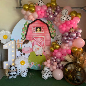 Mocsicka Pink Farm Animals Theme Birthday Party Round Cover Backdrop