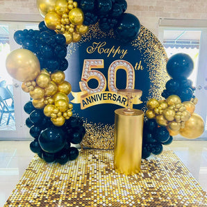 Mocsicka Black and Gold Happy 50th Anniversary Round Backdrop Cover for Party Decoration