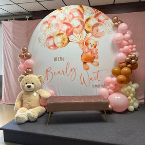 Mocsicka Light Pink We Can Bearly Wait to Meet You Round Backdrop Cover for Baby Shower Party