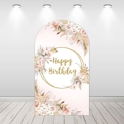 Mocsicka Rustic Pink Floral Happy Birthday Party Double-printed Arch Cover Backdrop