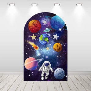 Mocsicka Astronaut Space Travel Happy Birthday Double-printed Arch Cover Backdrop