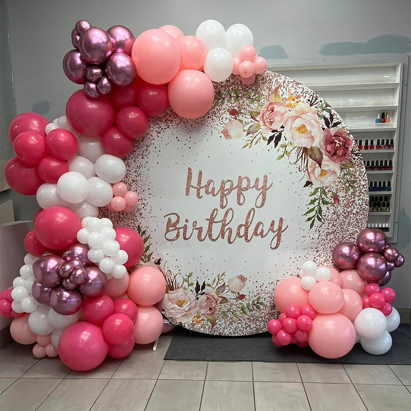 Mocsicka Red and White Flowers Happy Birthday Decorations Party Round Cover-Mocsicka Party