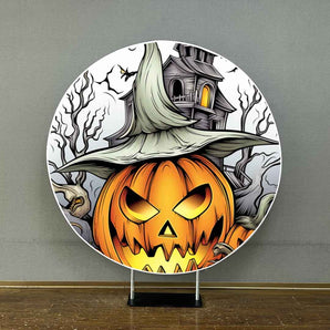 Mocsicka Evil Pumpkin Head Rundown House Halloween Round Cover Backdrop