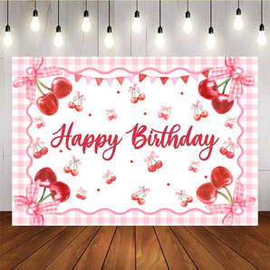 Mocsicka Red Cherry Happy Birthday Pink Backdrop