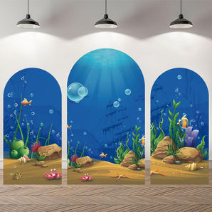 Mocsicka Underwater World Theme Happy Birthday Double-printed Chiara Arch Cover Backdrop