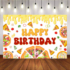 Mocsicka Pizza Party Happy Birthday Yellow Photo Backdrop
