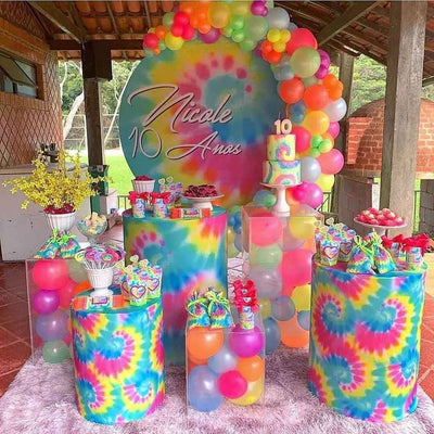 Mocsicka Colorful Tie Dye Themet Birthday Round cover and Cylinder Cover Kit for Party Decoration
