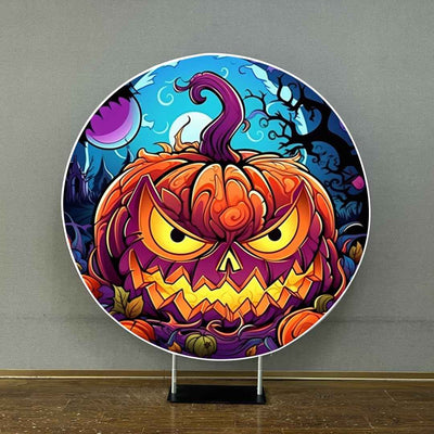 Mocsicka Cartoon Style Evil Pumpkin Halloween Round Cover Backdrop