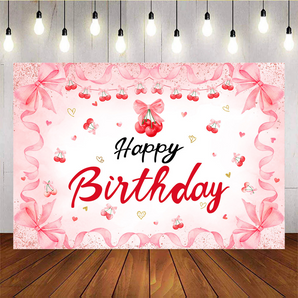 Mocsicka Red Cherry Pink Bow Happy Birthday Photo Backdrop
