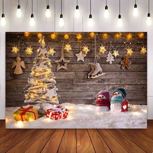 Mocsicka Wood Style Christmas Tree And Snowman Photography Backdrop For Christmas Party