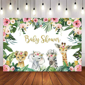 [Only Ship To U.S] Mocsicka Green Leaves and Flowers Baby Animals Golden Baby Shower Party Backdrop-Mocsicka Party