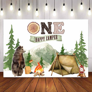 [Only Ship To U.S] Mocsicka One Theme Happy Camper Forest and Bear 1st Birthday Party Backdrop-Mocsicka Party