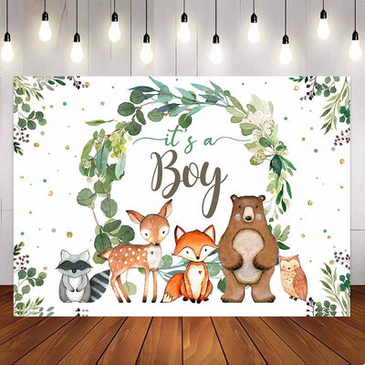 [Only Ship To U.S] Mocsicka It's a Boy Wild Animals and Leaves Baby Shower Party Backdrop-Mocsicka Party