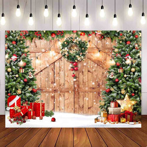 Mocsicka Wooden Door Christmas Tree and Garland for Christmas Party