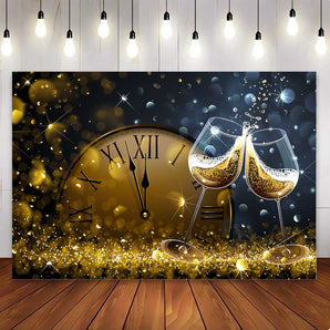 Mocsicka Golden Wine Glass Countdown to Happy New Year Party Backdrop