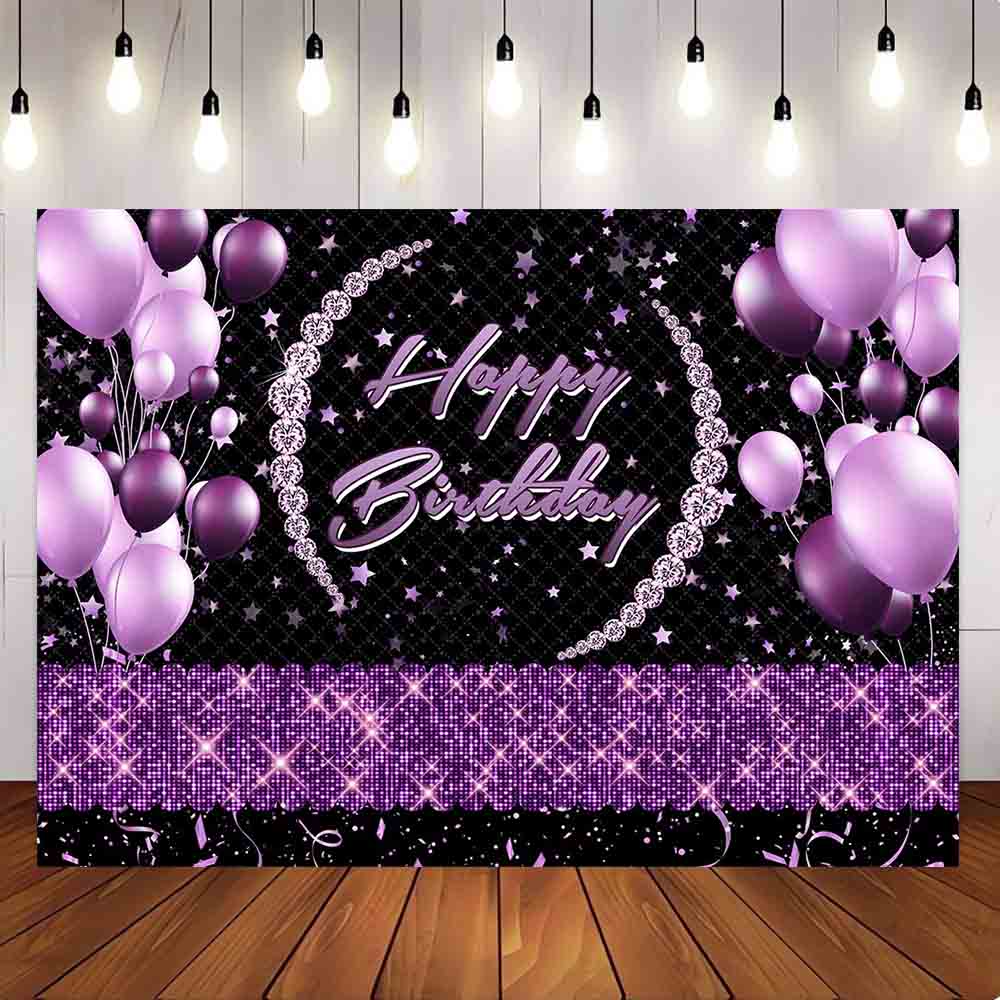 [Only Ship To U.S] Mocsicka Purple Balloons and Ribbon Happy Birthday Backdrop-Mocsicka Party