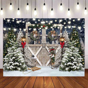 Mocsicka Wooden Door and Christmas Tree Photography Backdrop for Christmas Party