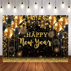 Mocsicka Glitter Black and Golden Balloons Happy New Year Party Backdrop