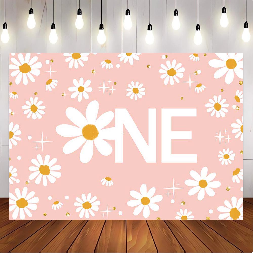[Only Ship To U.S] Mocsicka Pink Retro Daisy Happy First Birthday Party Backdrop-Mocsicka Party