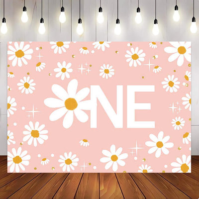 [Only Ship To U.S] Mocsicka Pink Retro Daisy Happy First Birthday Party Backdrop-Mocsicka Party