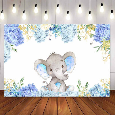 [Only Ship To U.S] Mocsicka Blue Flowers Baby Elephant Baby Shower Party Backdrop-Mocsicka Party