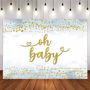 Mocsicka Oh Baby Blue Background Gold Dots Baby Shower Party Backdrop