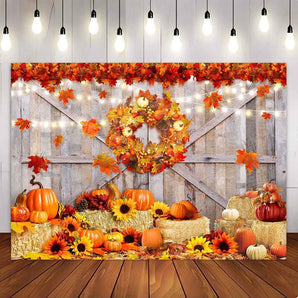 Mocsicka Pumpkin Grey Wooden Door Backdrop for Thanksgiving Day Party-Mocsicka Party