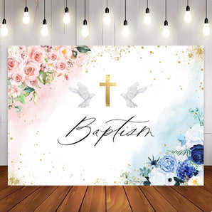 Mocsicka Pink and Royal Blue Flowers Baption Party Backdrop