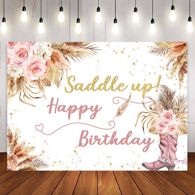 Mocsicka Pink Flowers and Martin Boots Saddle Up Happy Birthday Party Backdrop
