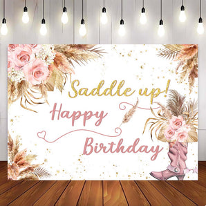 Mocsicka Pink Flowers and Martin Boots Saddle Up Happy Birthday Party Backdrop