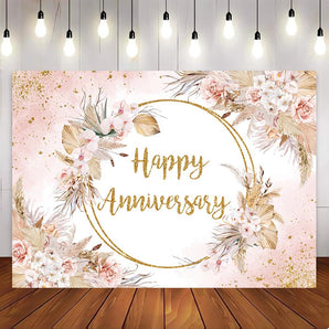 Mocsicka Pink Flowers Golden Happy Anniversary Backdrop