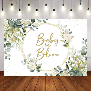 Mocsicka Baby in Bloom Backdrop Greenery Gold Baby Shower Background Eucalyptus Leaves Baby Shower Backdrop