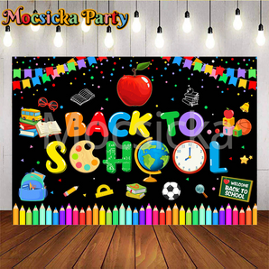 Mocsicka Welcome Back to School Red Apple and Colored Crayons Party Backdrop