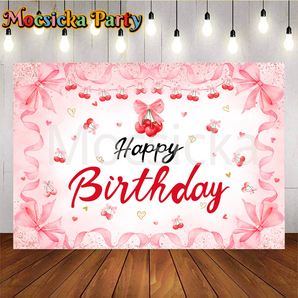 Mocsicka Red Cherry Pink Bow Happy Birthday Photo Backdrop