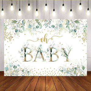 Mocsicka Greenery Baby Shower Backdrop Oh Baby Green Eucalyptus Leaves Baby in Bloom Party Decorations Gold Glitter Dots Boy Baby Shower Photography Backdrop