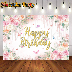 Mocsicka Roses And Butterflies Happy Birthday Pink Photo Backdrop