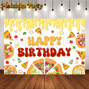 Mocsicka Pizza Party Happy Birthday Yellow Photo Backdrop