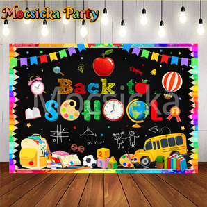 Mocsicka Back to School Alarm Clock, Hot Air Balloon and School Bag Party Backdrop
