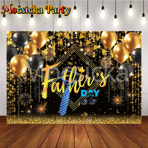 Mocsicka Happy Father's Day with Golden Balloons and Blue Tie Photo Backdrop