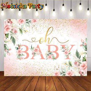 Mocsicka Oh Baby Backdrop with Pink Accents for Baby Shower